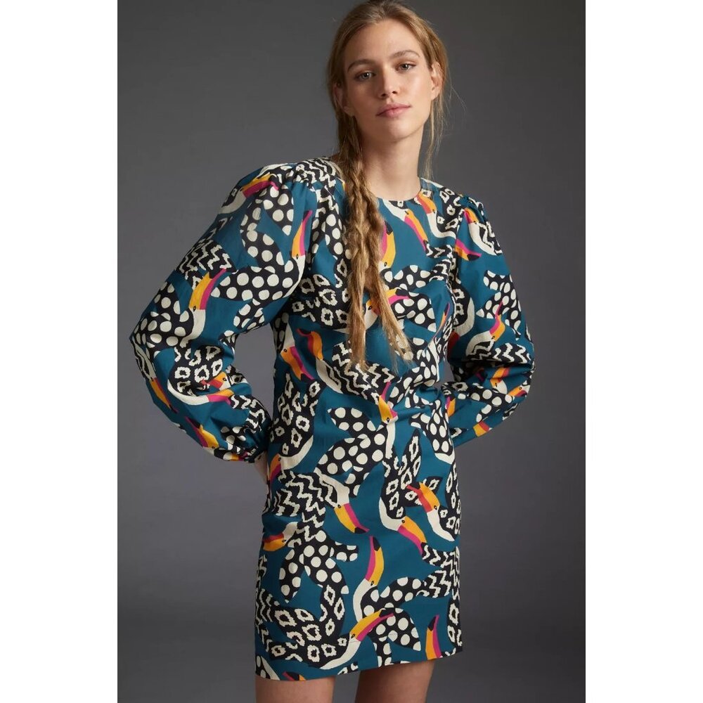 NWT FARM Rio for Anthropologie Tucan Tunic in Blue Cotton Toucan Shift Dress MP